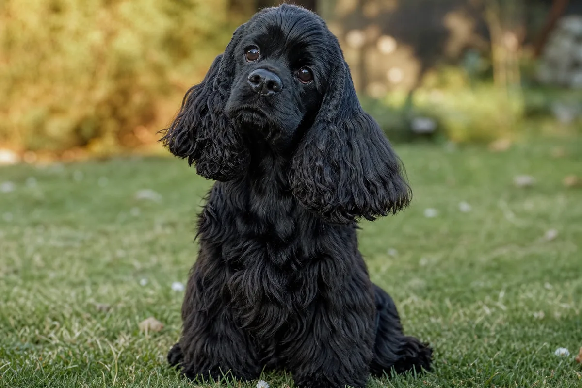 Black American Cocker Spaniel with a silky coat and alert expression, sitting outdoors
