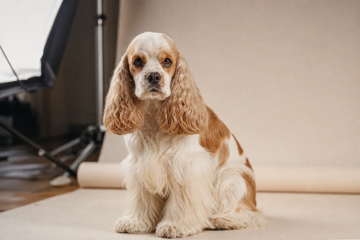 Red-and-white particolor American Cocker Spaniel in a studio portrait