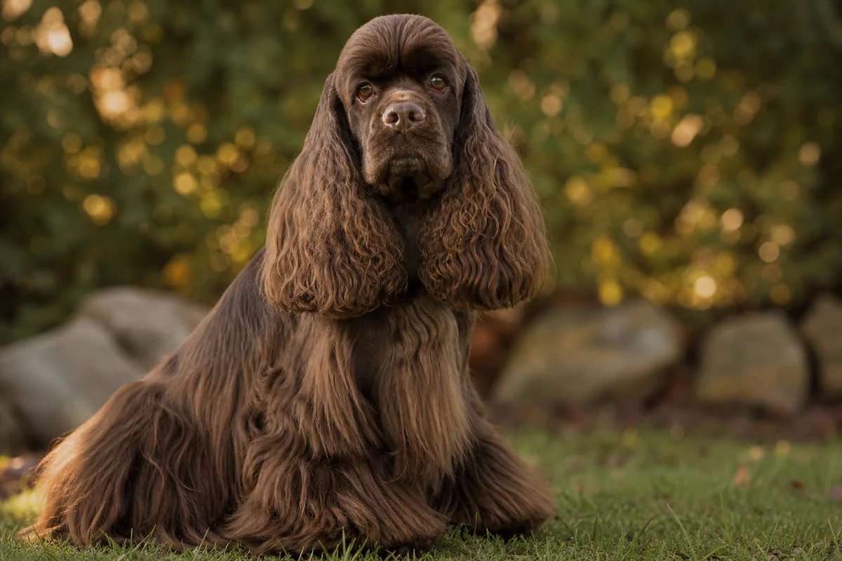 Chocolate American Cocker Spaniel sitting outdoors in golden light