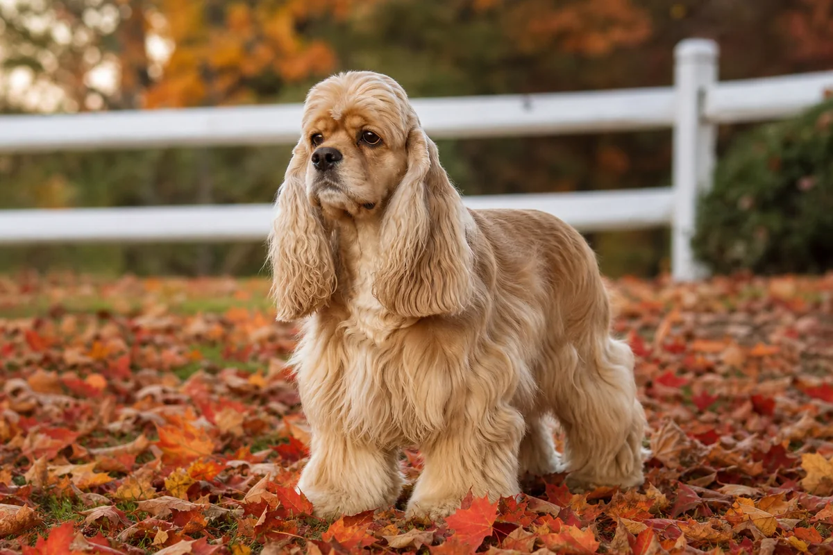 Buff American Cocker Spaniel standing in a New England autumn landscape with a white fence