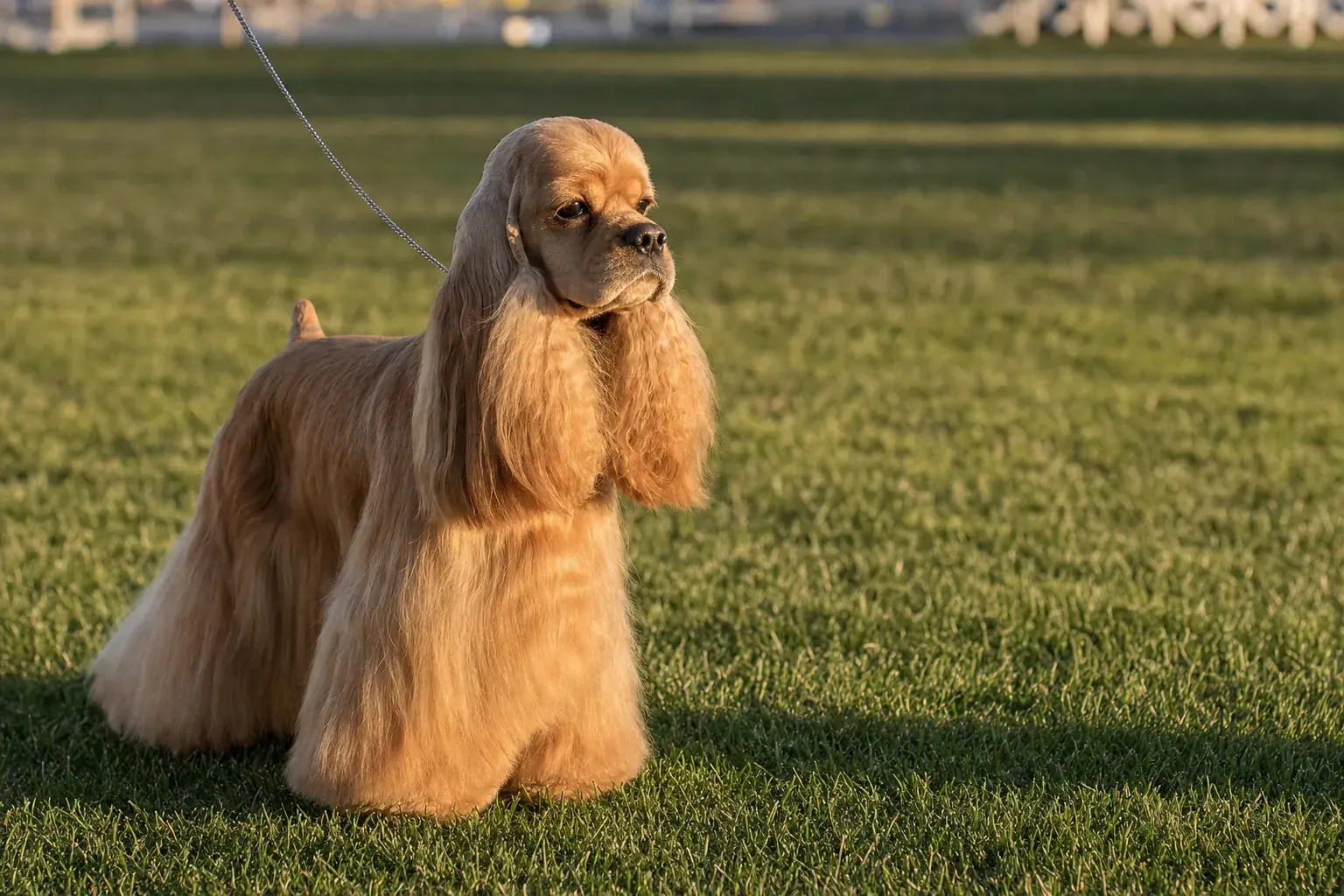 Adult buff American Cocker Spaniel in a show pose on grass in warm evening light
