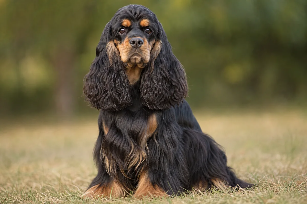 Close portrait of a black-and-tan American Cocker Spaniel with silky feathering