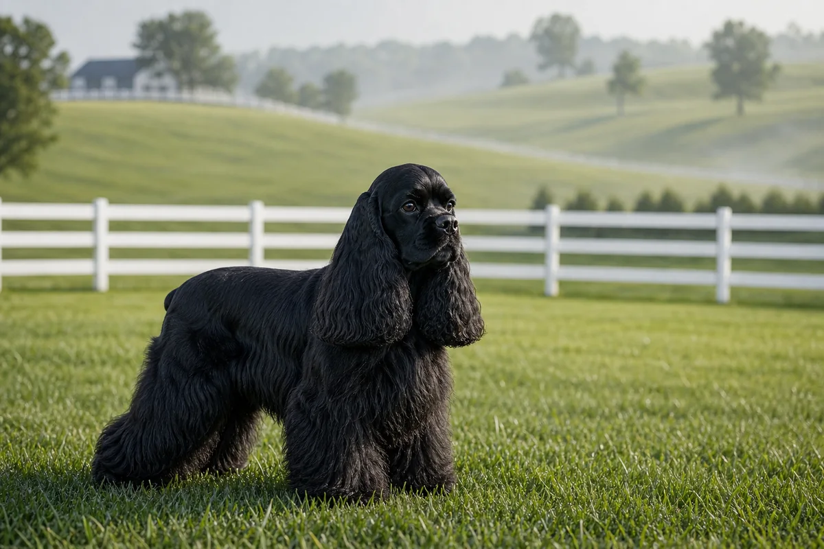 Black American Cocker Spaniel in a Kentucky meadow landscape with white fences