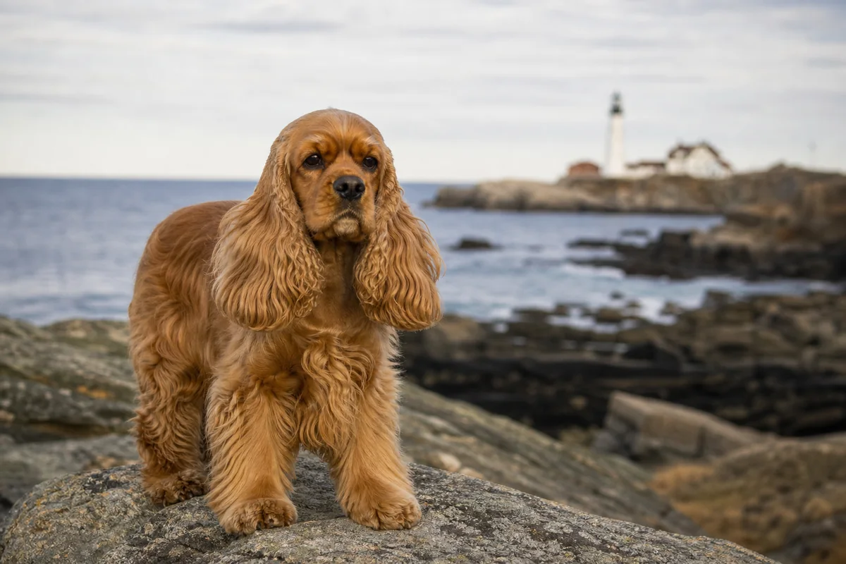 Red American Cocker Spaniel on the rocky Maine coast with a lighthouse in the background