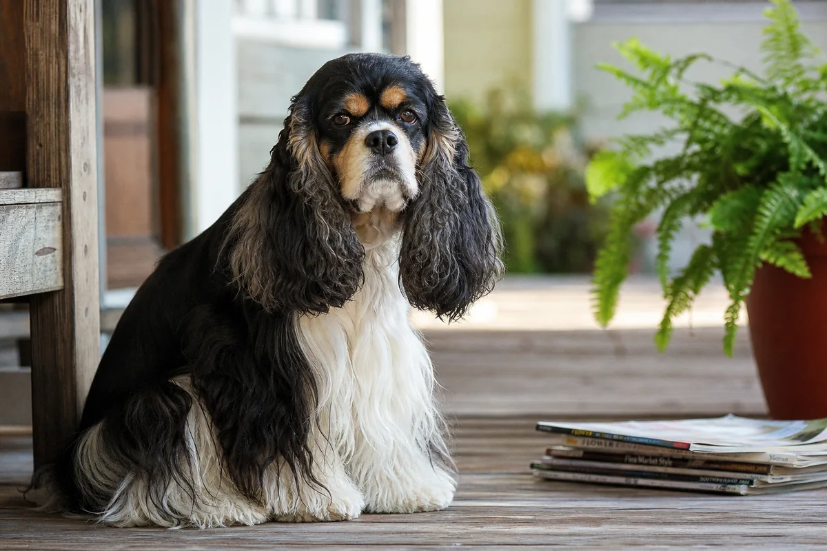 Tricolor American Cocker Spaniel sitting on a porch in morning light